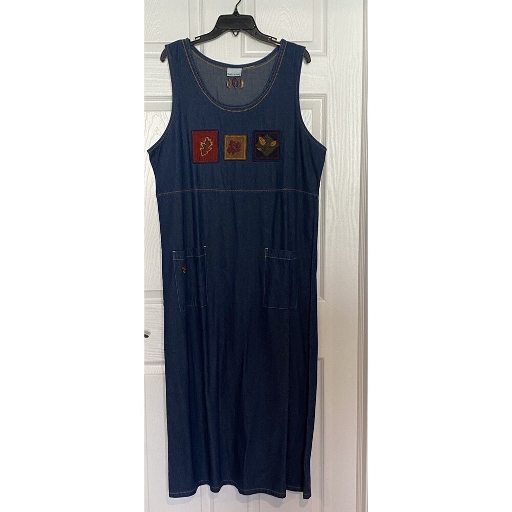 Vintage Bobbie Brooks Fall Leaves  Embroidered Jumper Denim Maxi Dress Xxl